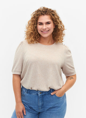 Blouse with short puff sleeves, Natural Mél, Model image number 0