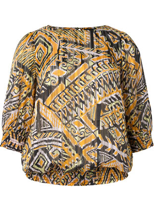 Printed top with smock and 3/4 sleeves, Yellow Aztec AOP, Packshot image number 0