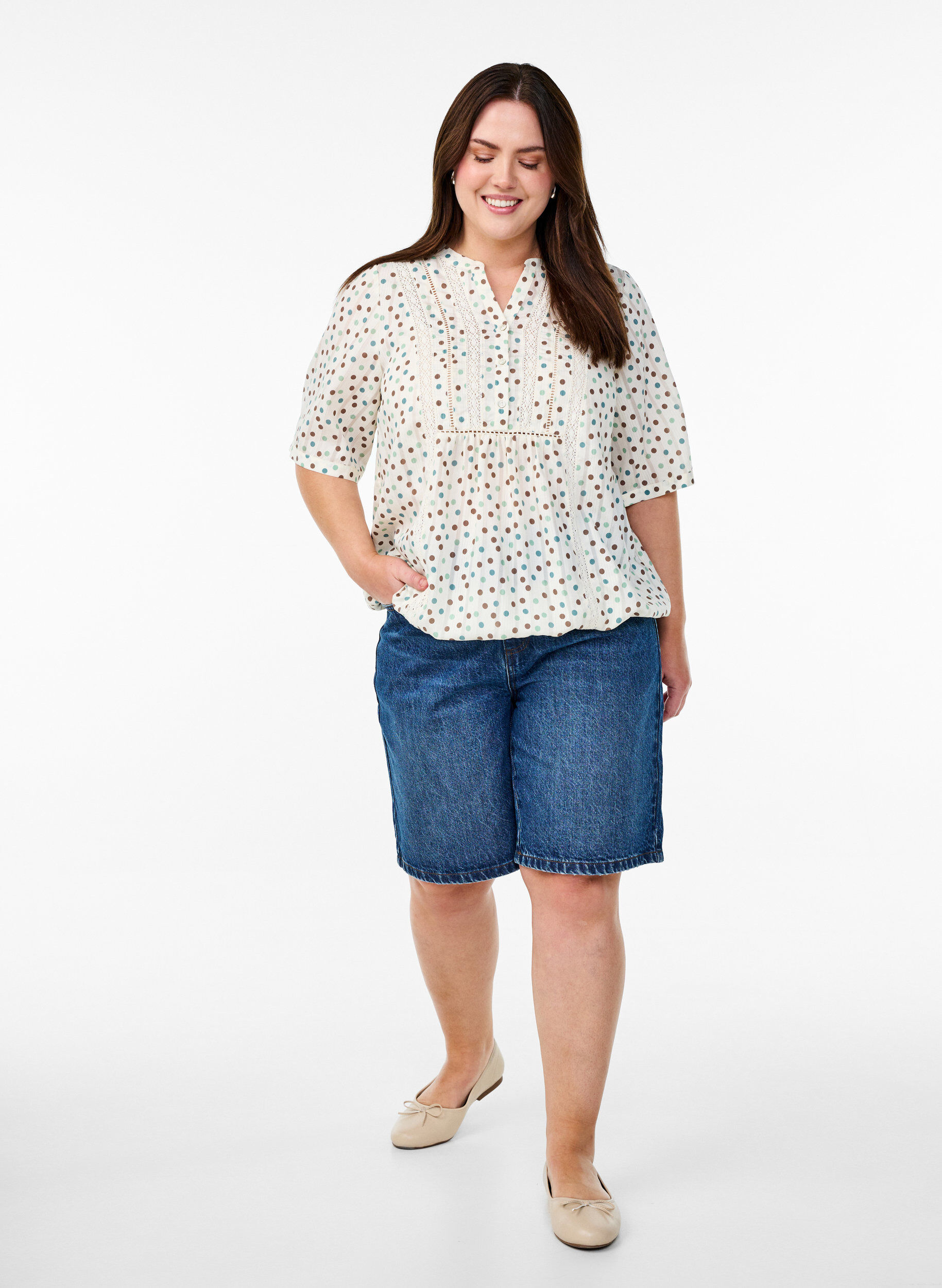 ZizzifashionBlouse with print and 1/2 sleeves, White, Model image number 1