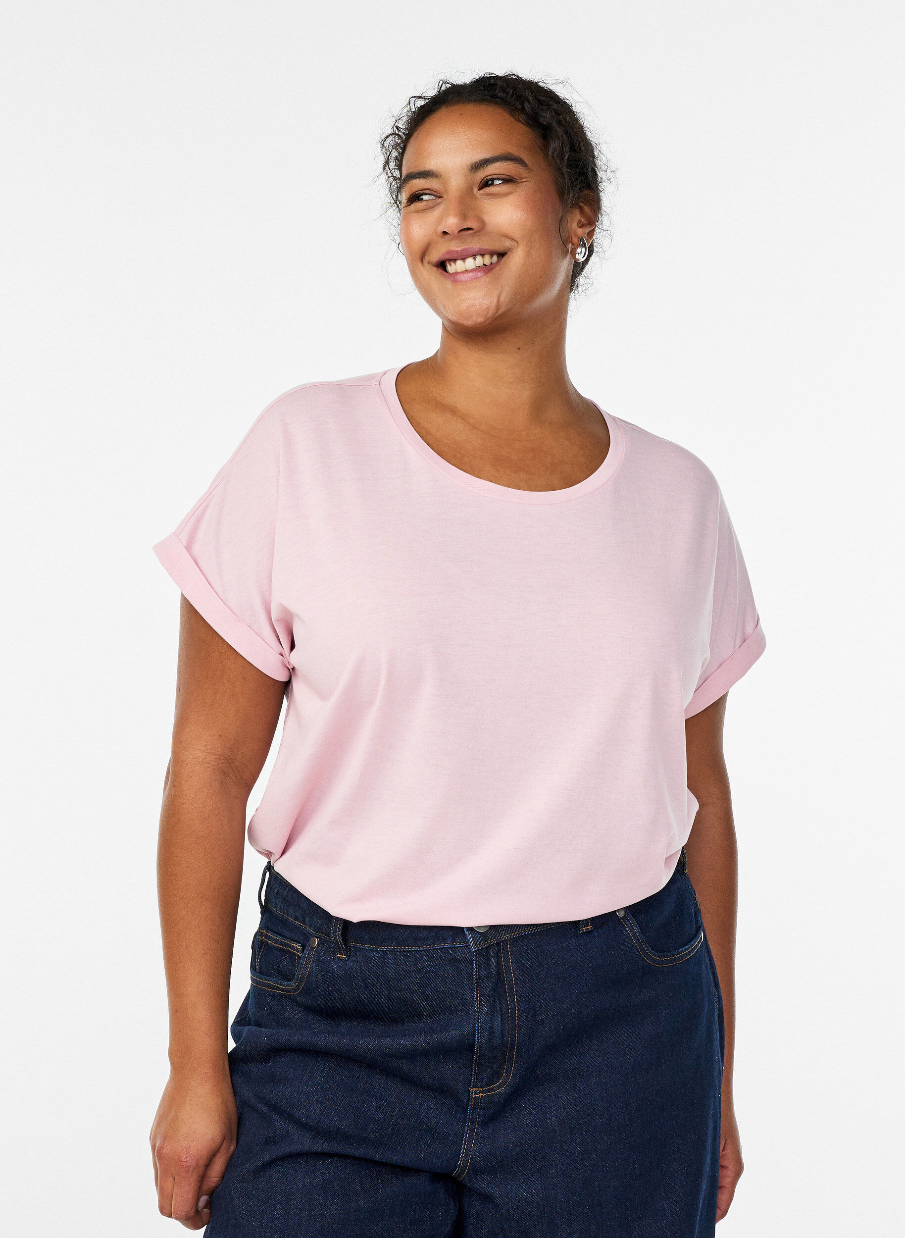 Short-sleeved cotton blend t-shirt, Pink, Model