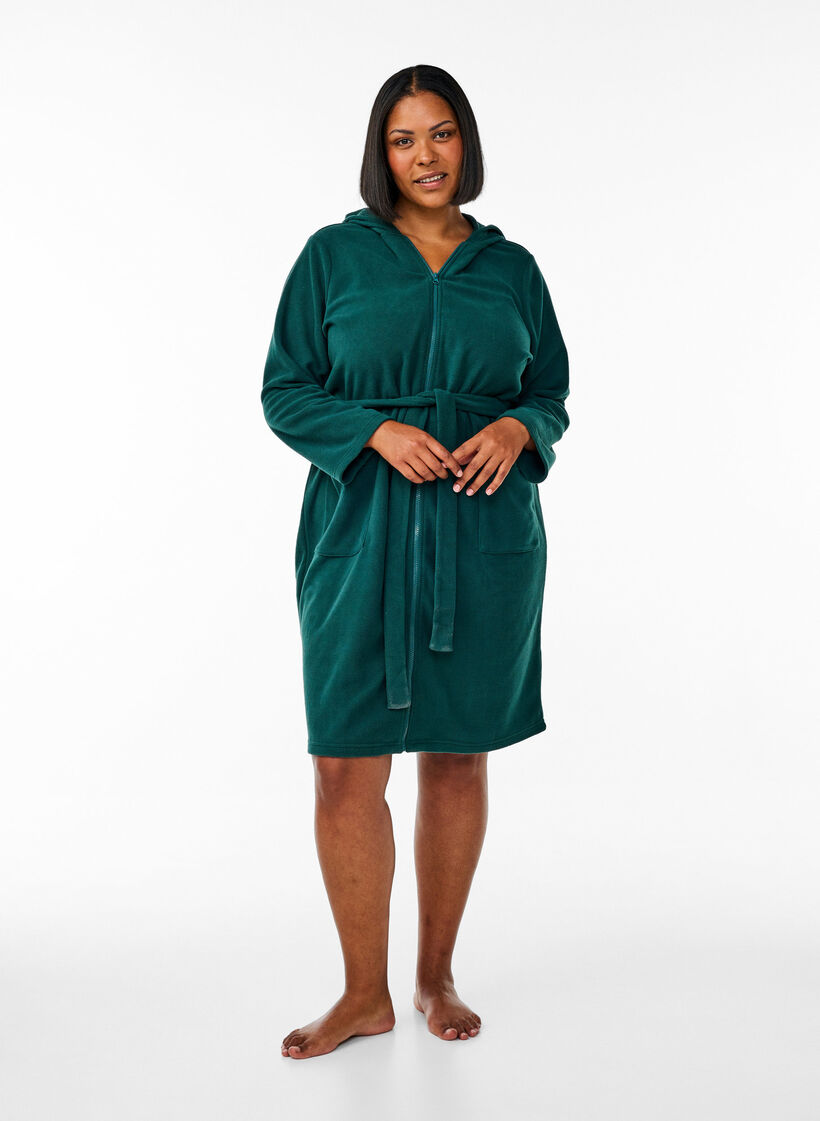 Morning robe with zipper and hood, Green, Model image number 1