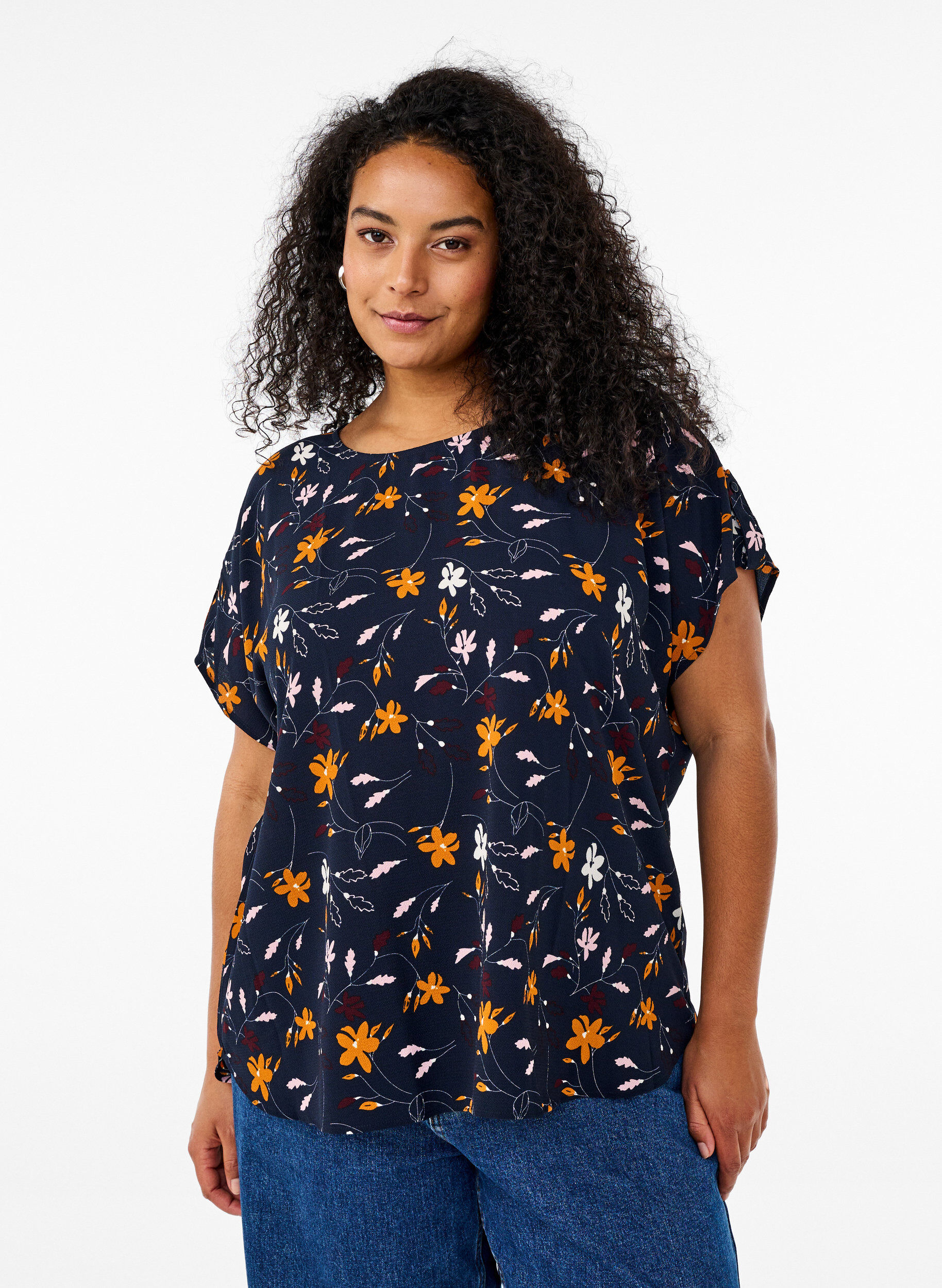 Zizzifashion Short-sleeved blouse with floral print, Sky Captain Flower, Model image number 0