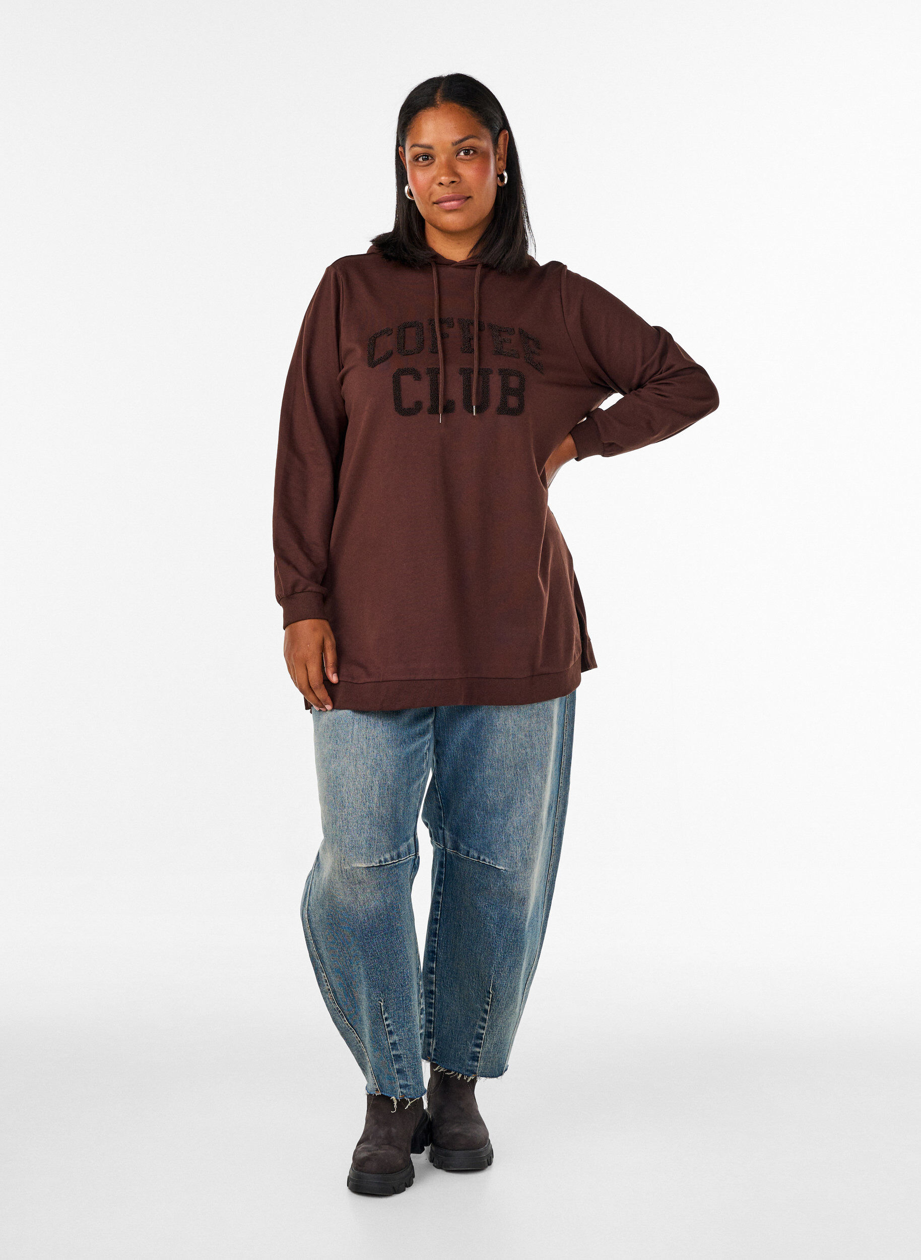 ZizzifashionHoodie with a terry text motif, Brown, Model image number 1