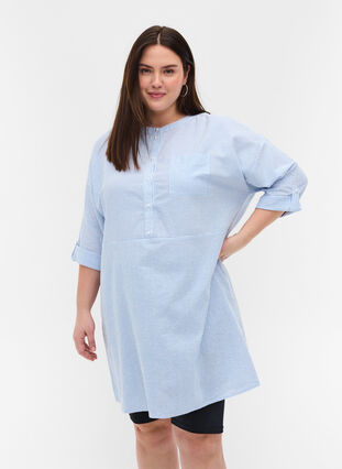 Striped cotton tunic with buttons and 3/4 sleeves, Skyway Stripe, Model image number 0