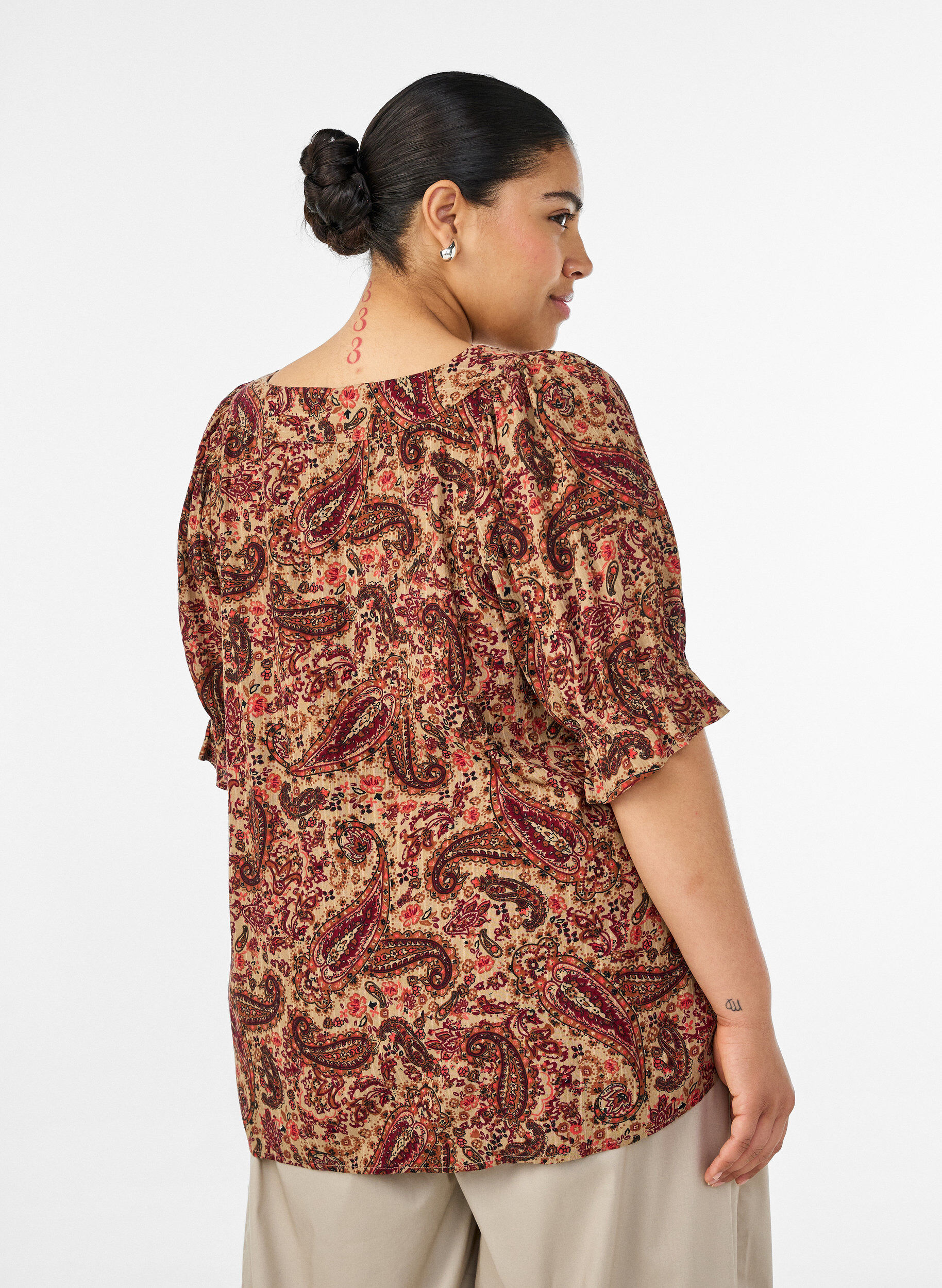 ZizzifashionViscose blouse with paisley print and a square neckline, Brown, Model image number 2