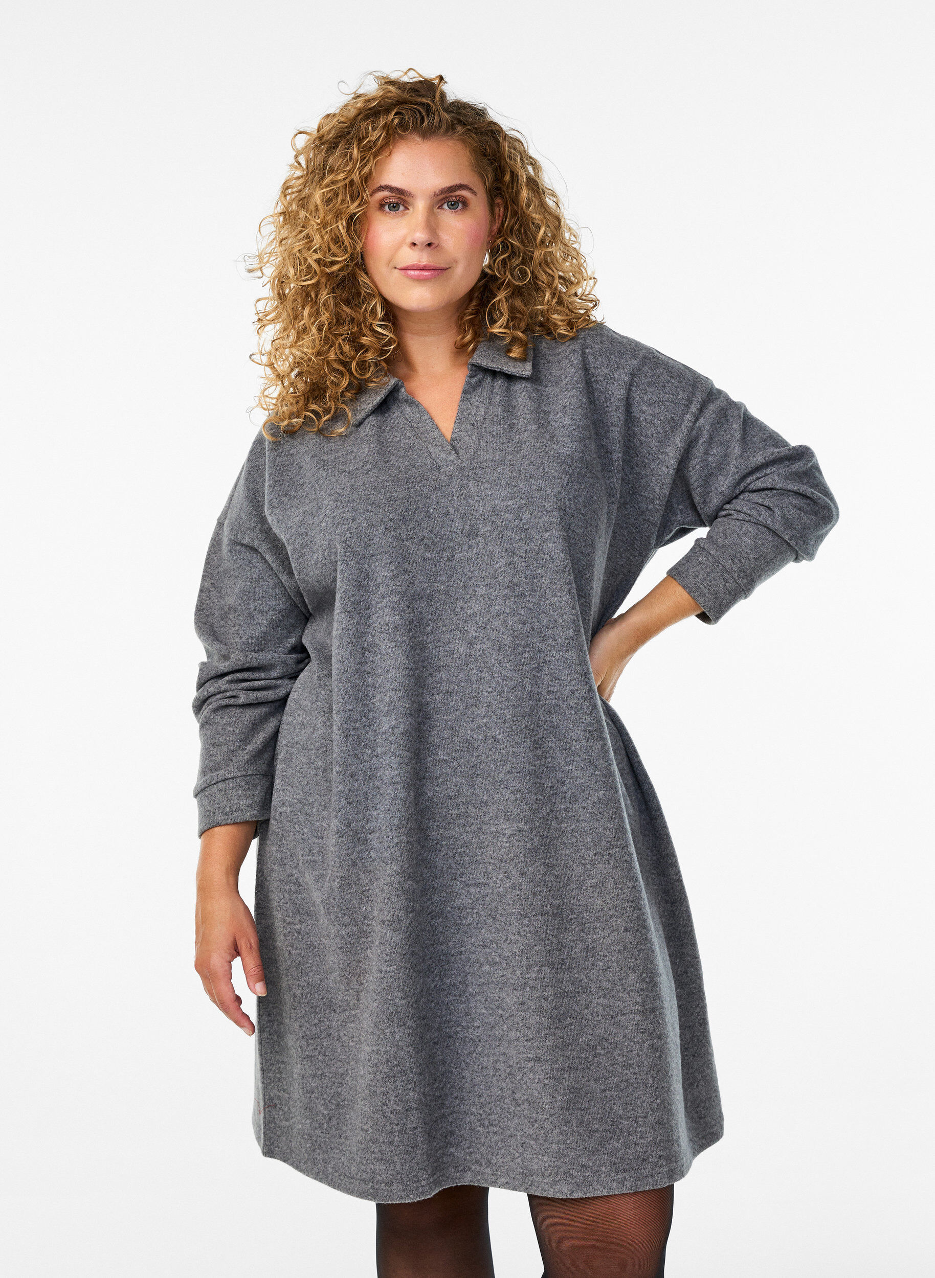 Zizzifashion Knee-length jersey dress with a V-neck and collar, Dark Grey, Model image number 1
