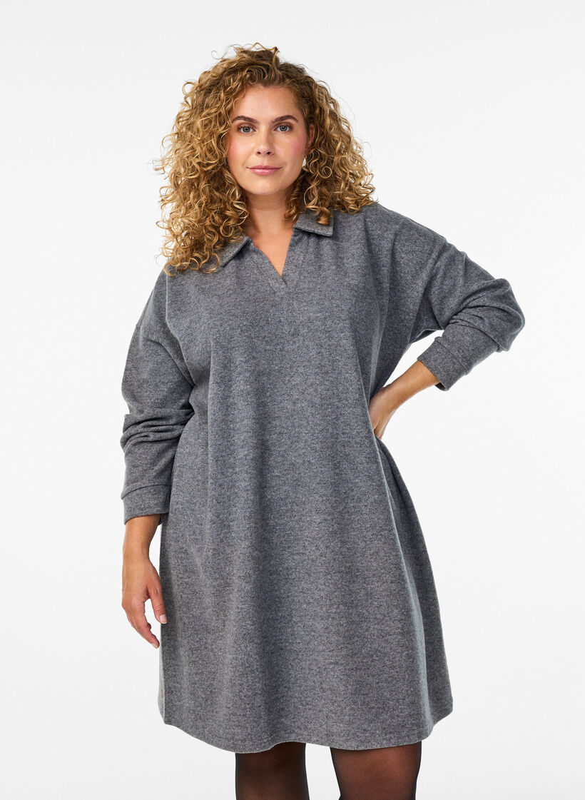 Knee-length jersey dress with a V-neck and collar, Dark Grey, Model image number 1