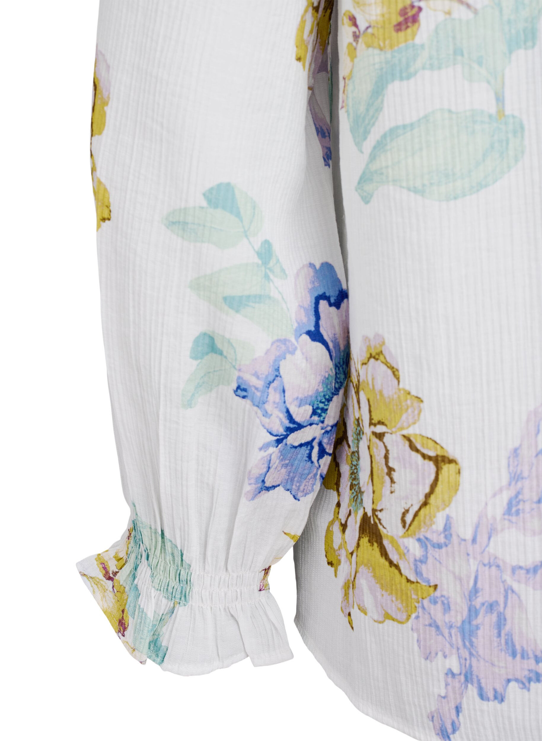 Zizzifashion Pleated blouse with long sleeves and floral print, White, Packshot image number 3
