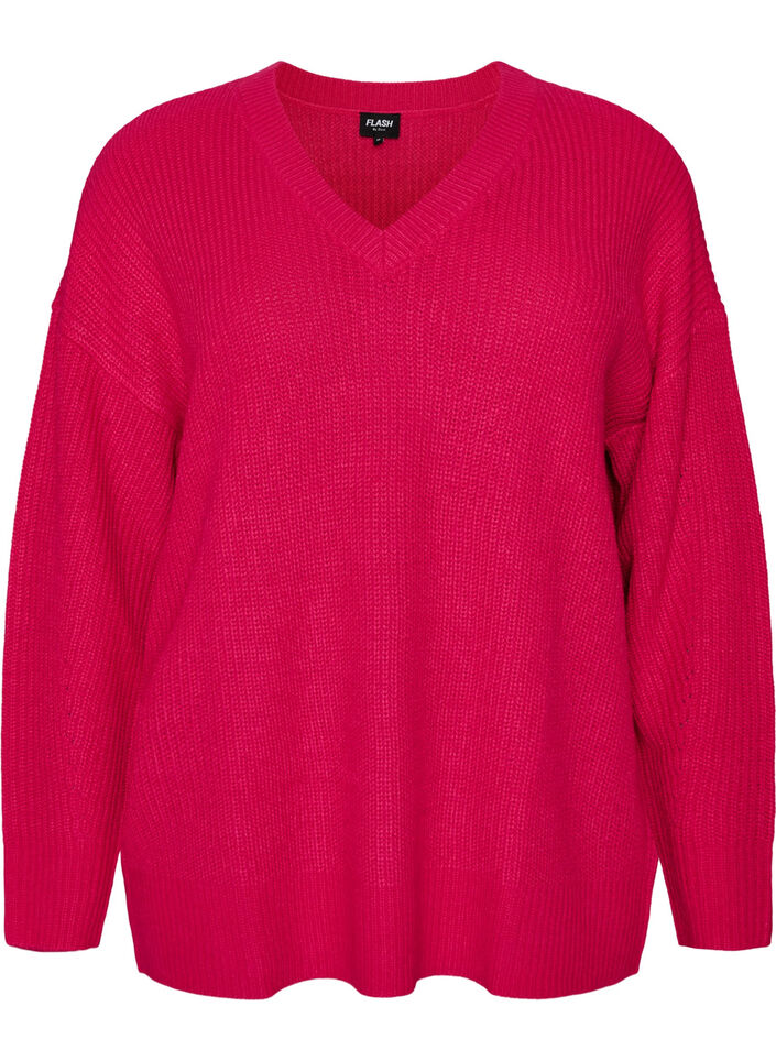Long rib-knit blouse with a V-neck, Pink, Packshot image number 0