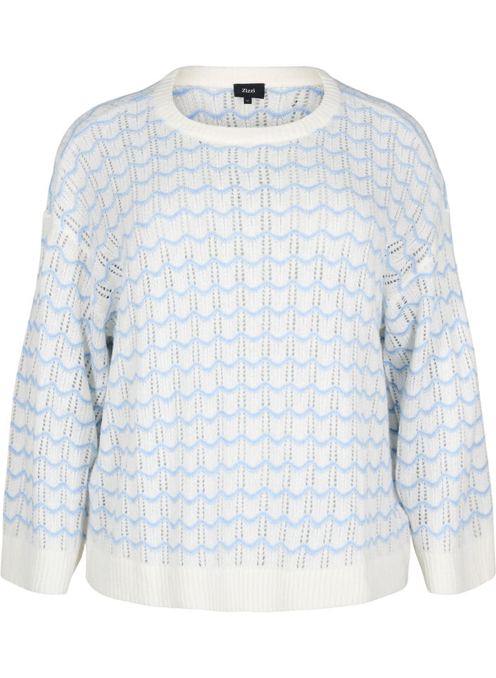 Loose-fitting knitted blouse with a wavy pattern, Cloud Dancer Comb, Packshot image number 0
