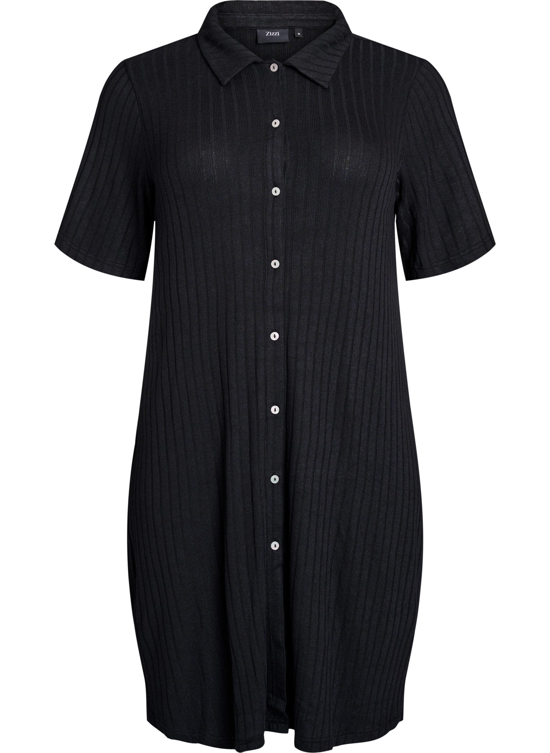 Knee-length jersey shirt dress with short sleeves