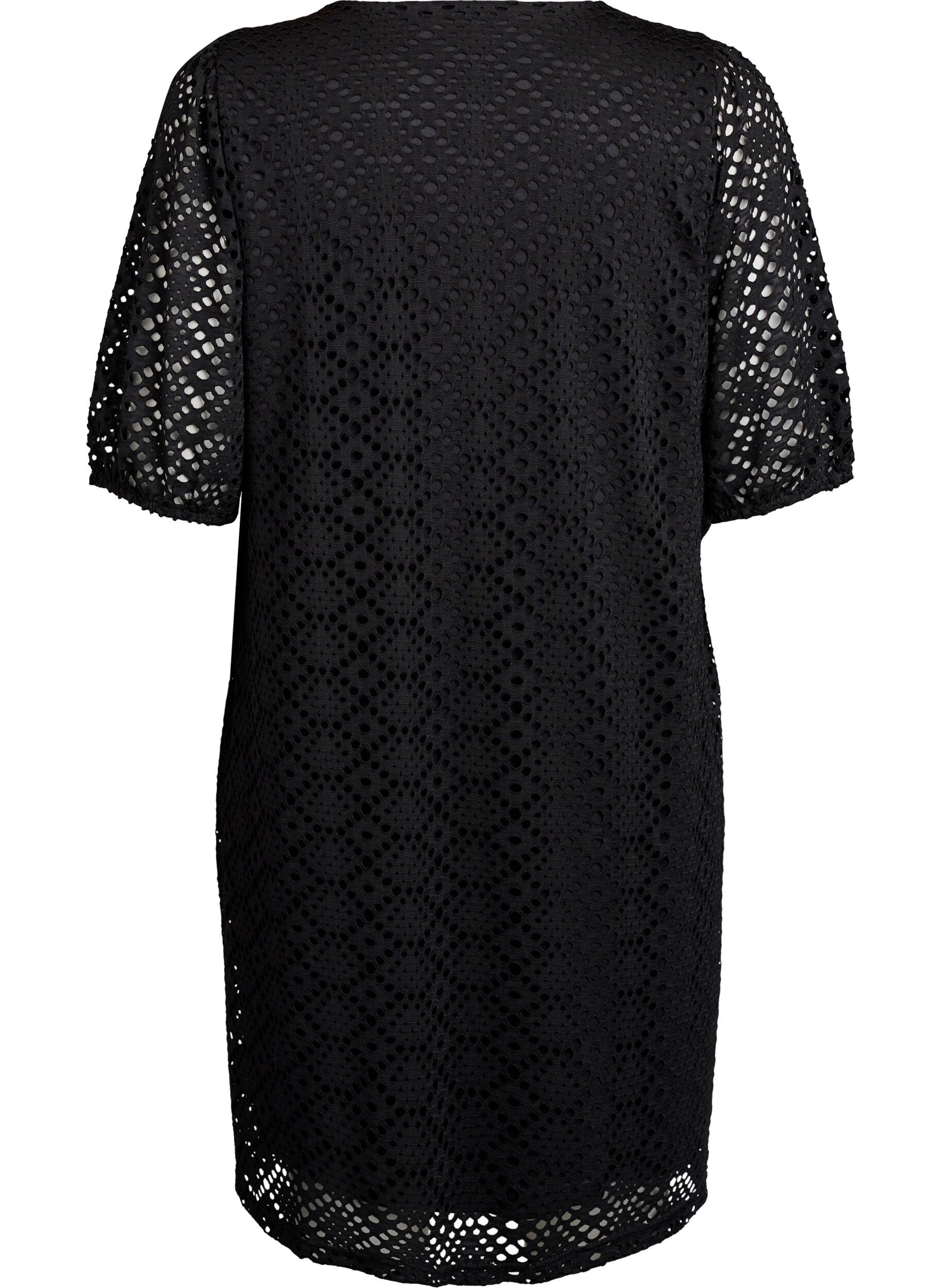 ZizzifashionKnee-length dress with eyelet pattern and short sleeves, Black, Packshot image number 1
