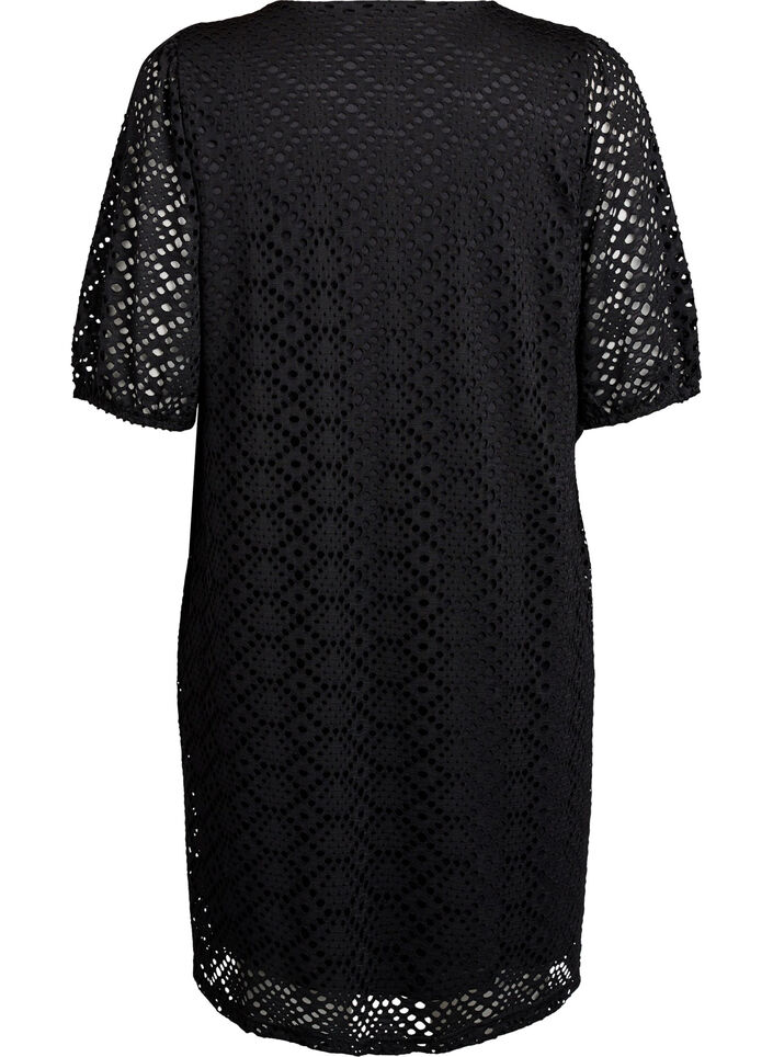 Knee-length dress with eyelet pattern and short sleeves, Black, Packshot image number 1