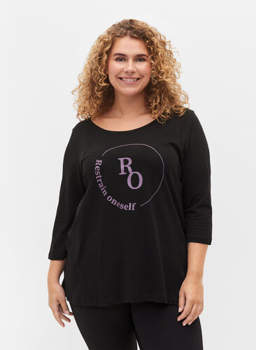 Cotton t-shirt with 3/4 sleeves, Black RO, Model image number 0