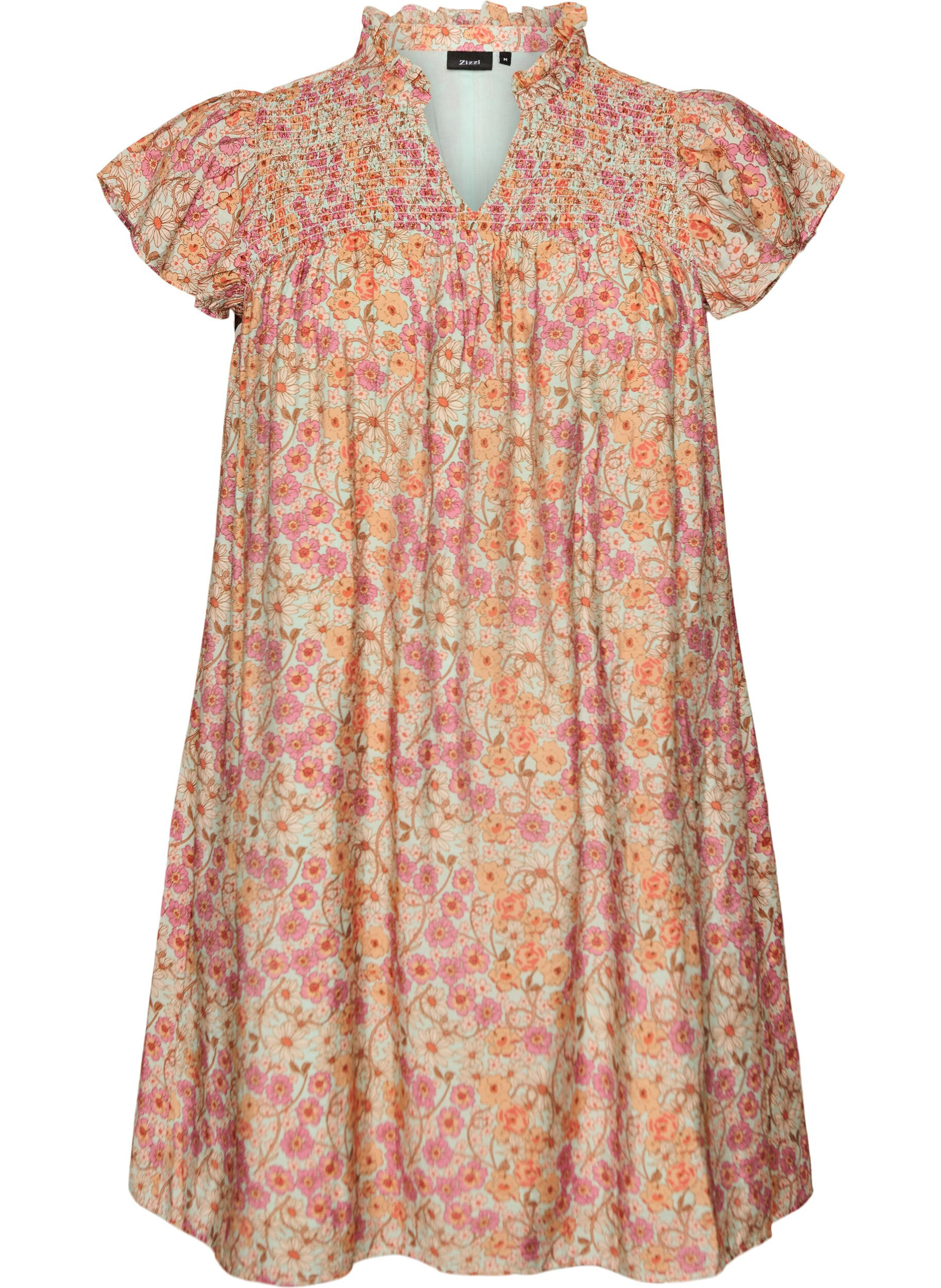 ZizzifashionShort viscose dress with smocking and floral print, Orange, Packshot image number 0