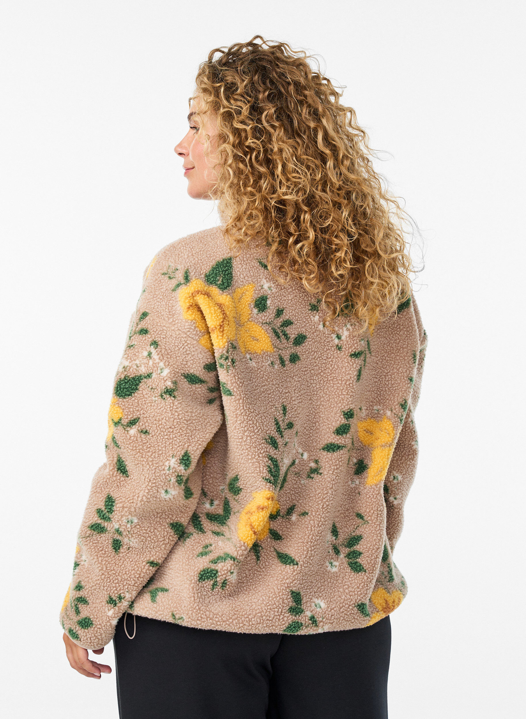 ZizzifashionFloral fleece jacket with a high neck and zip, Beige, Model image number 2