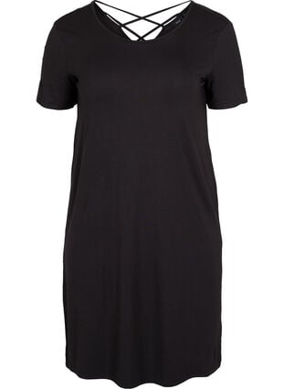 Short-sleeved viscose dress with back detail, Black, Packshot image number 0