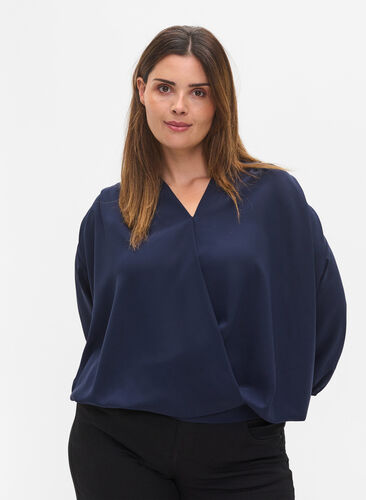 Wrap look blouse with v-neck and 3/4 sleeves, Navy Blazer, Model image number 0