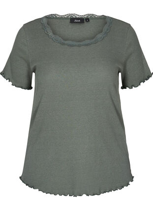Short-sleeved, ribbed t-shirt with lace trim, Balsam Green, Packshot image number 0