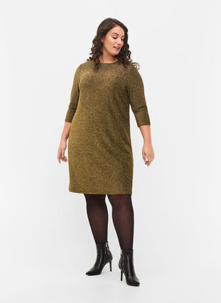 Glitter dress with 3/4 sleeves and round neckline, Black Gold, Model image number 2