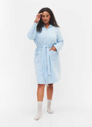 Bathrobe with zipper and hood, Cashmere Blue, Model image number 2