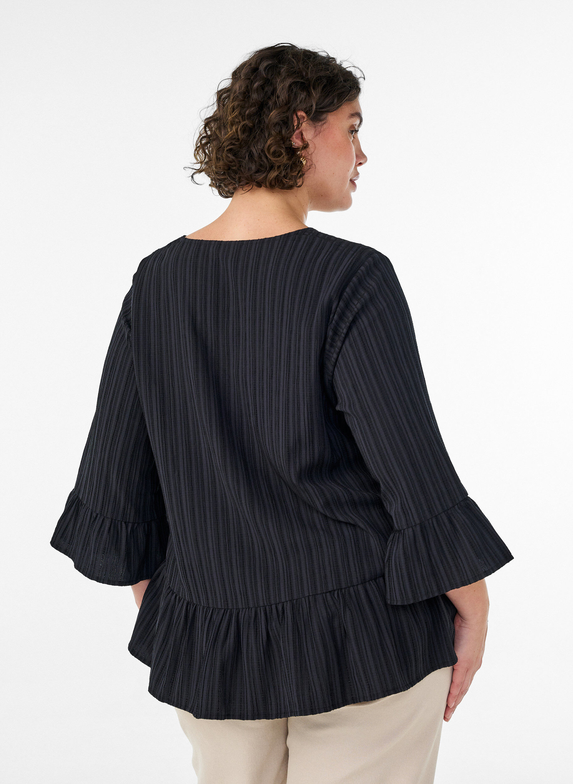 ZizzifashionBlouse with texture, V-neck and ruffles, Black, Model image number 2