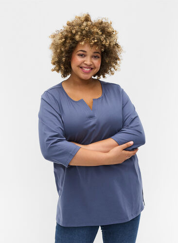 Plain-coloured cotton blouse with 3/4-length sleeves and slits, Vintage Indigo, Model image number 0