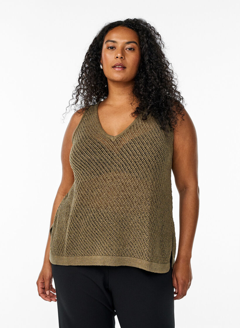 FLASH - Sleeveless knitted top with v-neck, Green, Model image number 0