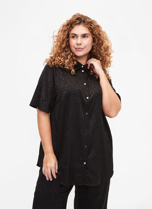 Long shirt with textured pattern, Black, Model image number 0