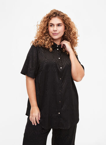 Long shirt with textured pattern, Black, Model image number 0