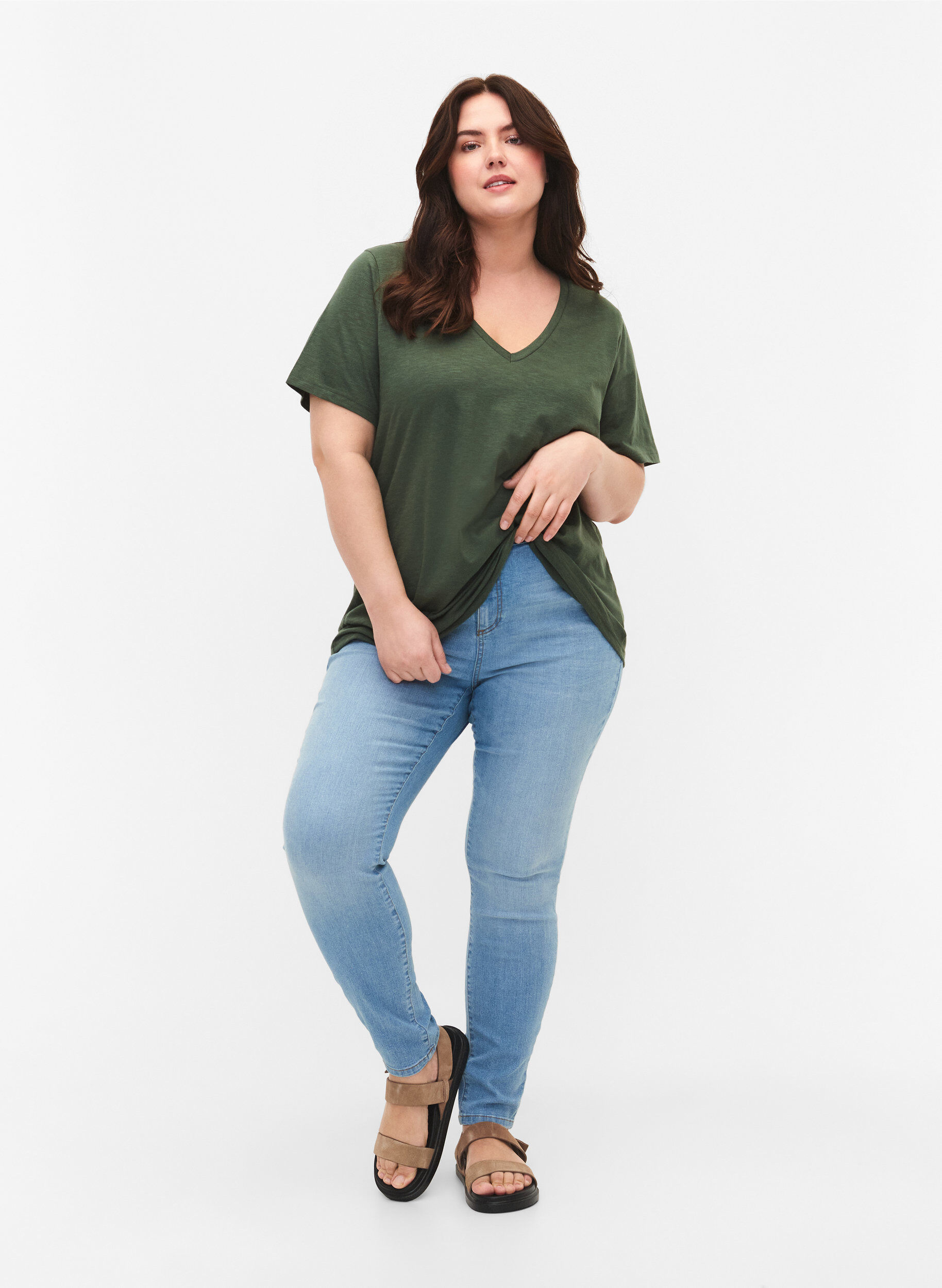 ZizzifashionShort-sleeved basic t-shirt with v-neck, Green, Model image number 1