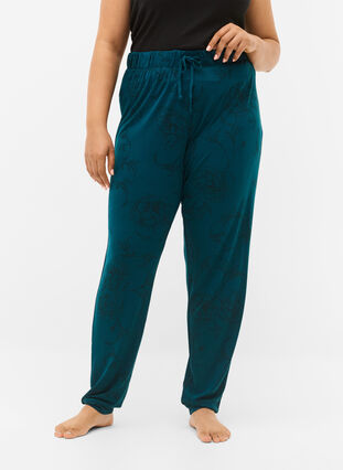 Viscose pyjama pants with floral print, Deep Teal Flower, Model image number 2