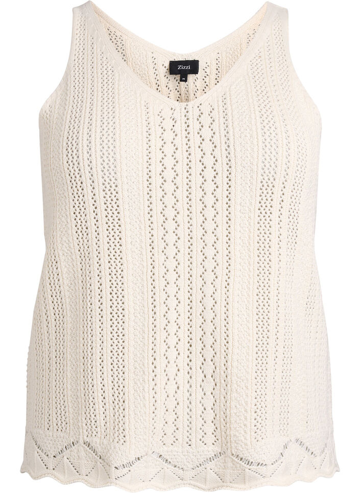 Knitted top with eyelet embroidery and V-neck, Beige, Packshot image number 0
