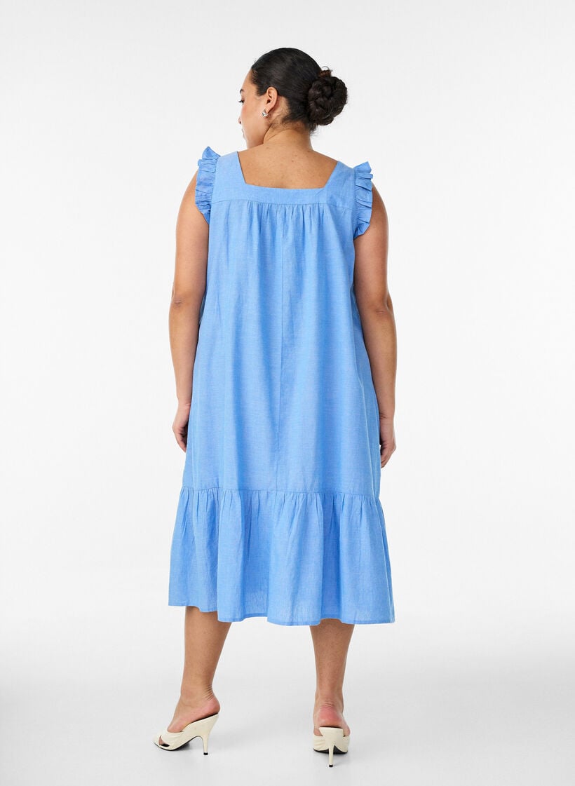 Midi dress in cotton with ruffle details, Light Blue, Model image number 1