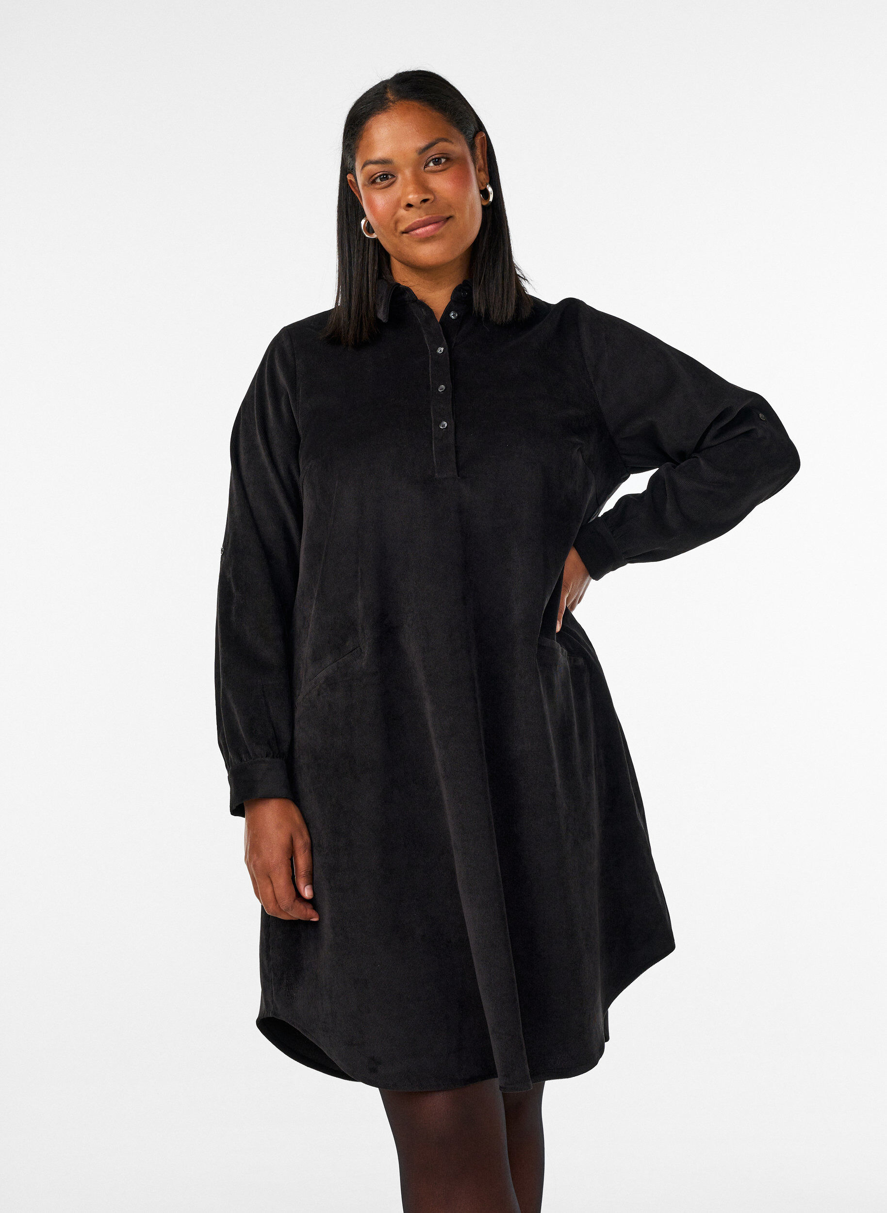 ZizzifashionCorduroy shirt dress with collar and button fastening, Black, Model image number 0