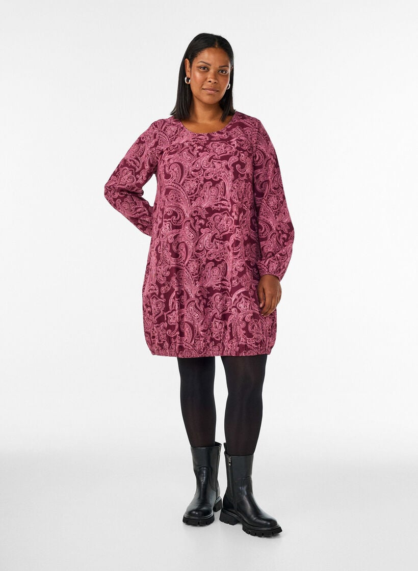 Short cotton dress with an elasticated hem and long sleeves, Dark Bordeaux, Model image number 1