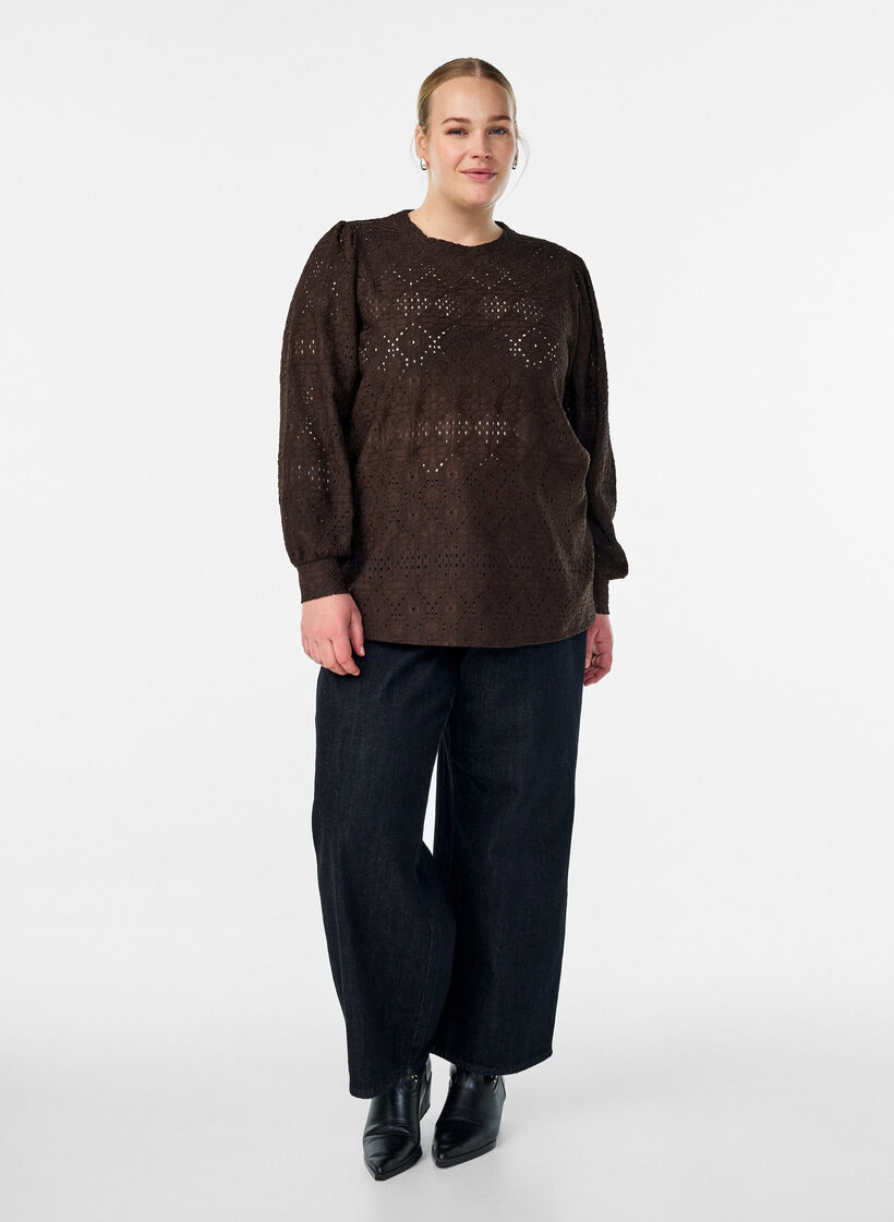 Long-sleeved blouse with eyelet embroidery, Brown, Model image number 1