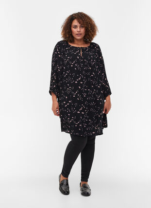 Printed viscose tunic with 3/4-length sleeves , Black Rose AOP, Model image number 2