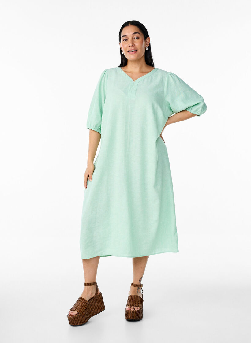 Midi dress in linen and viscose with short sleeves, Green, Model image number 0
