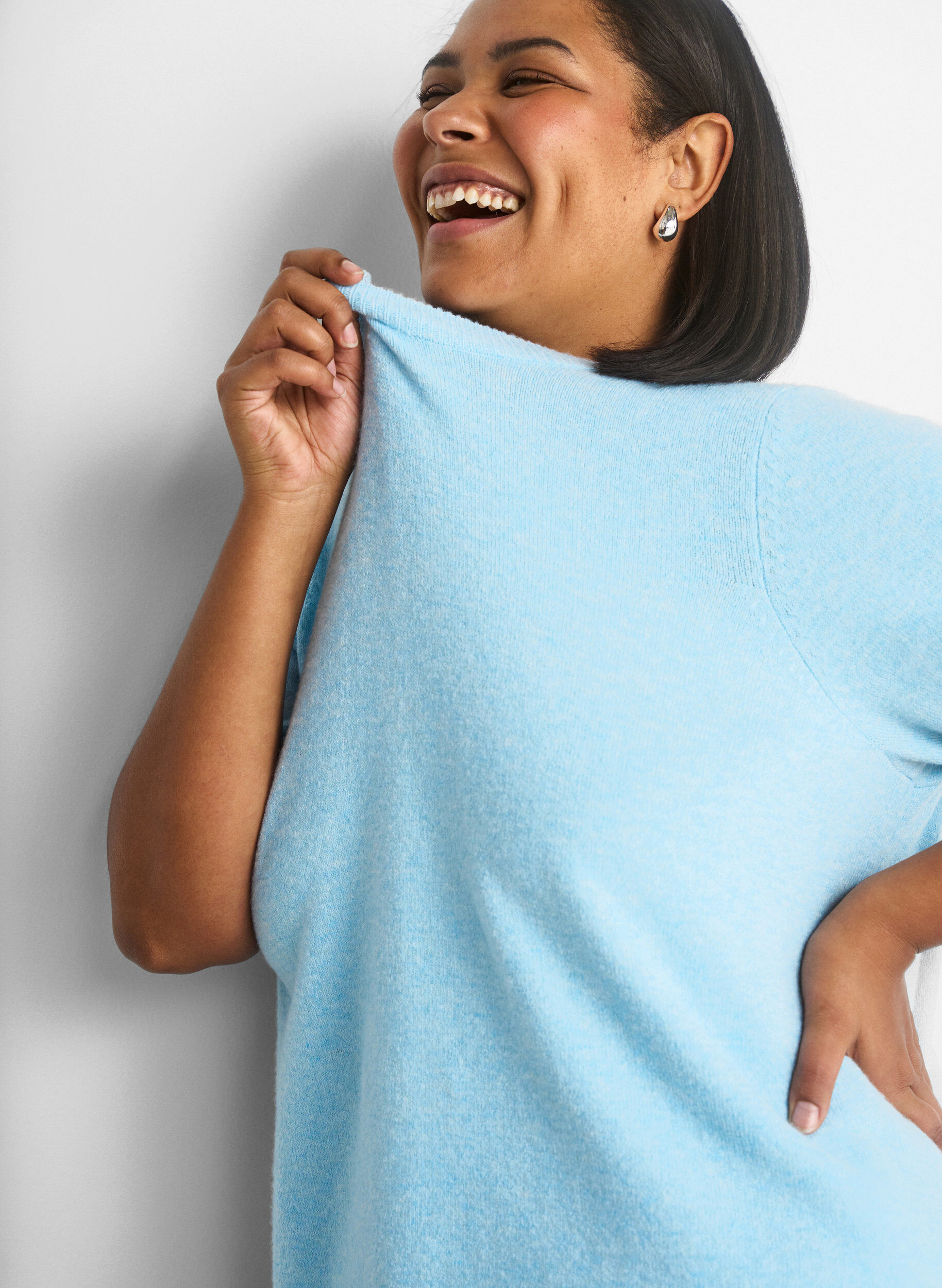 Zizzifashion Knitted blouse with short sleeves, Light Blue, Model image number 3