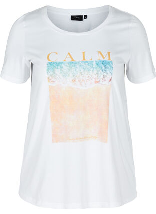 Short-sleeved cotton t-shirt with print, Bright White CALM, Packshot image number 0