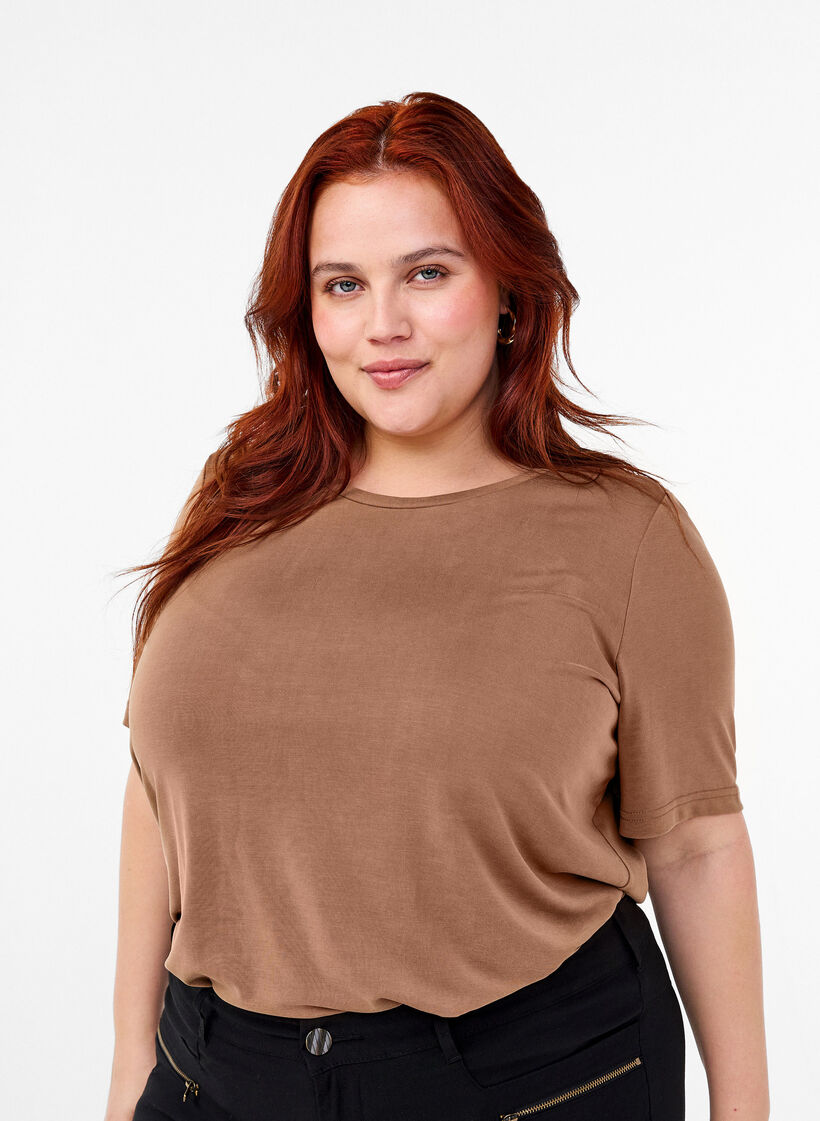 T-shirt with TENCEL™ Modal and round neck, Brown, Model image number 0