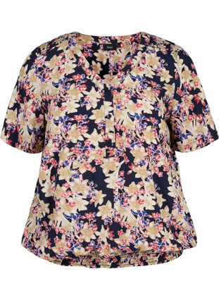 Short-sleeved floral viscose blouse with smock, Night sky Flower AOP, Packshot image number 0