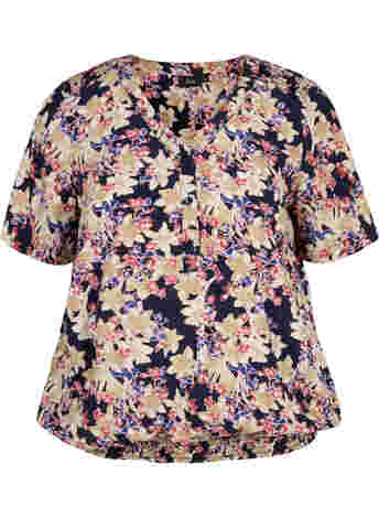 Short-sleeved floral viscose blouse with smock