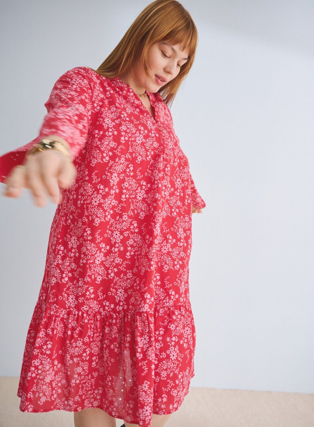 Dress in red with flowers, , Model