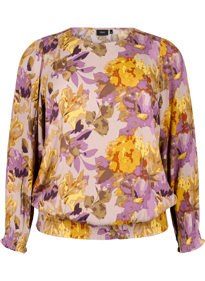 Smock blouse with floral print, Purple Flower, Packshot image number 0