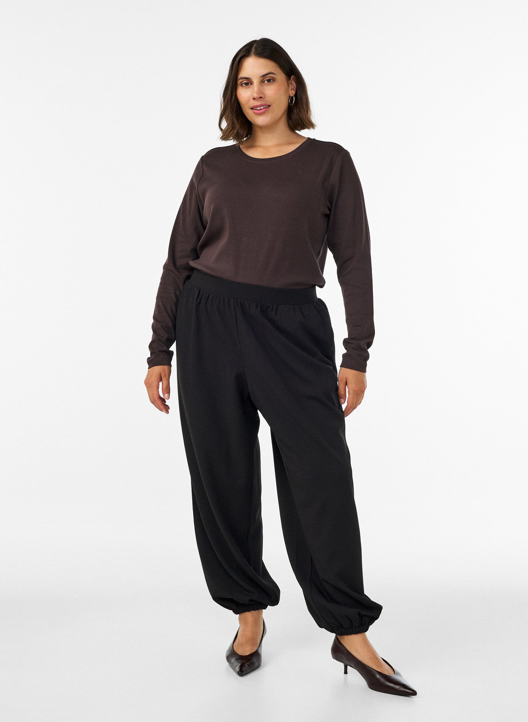 ZizzifashionLong-sleeved basic T-shirt with a round neck, Brown, Model image number 1