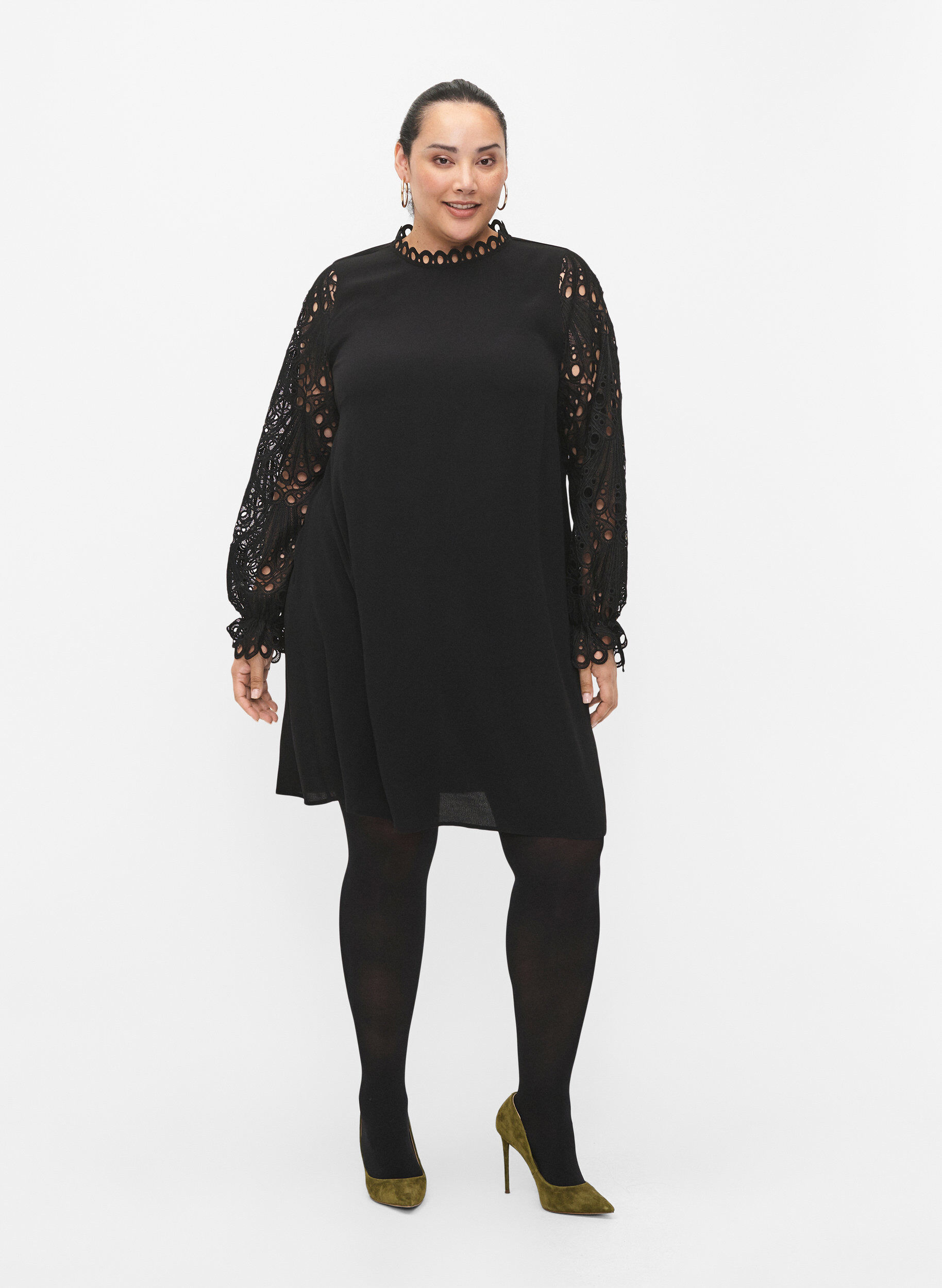 Zizzifashion Viscose dress with crochet sleeves, Black, Model image number 3