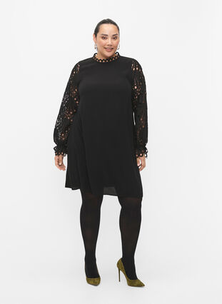 Viscose dress with crochet sleeves, Black, Model image number 3