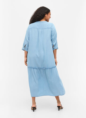 Midi dress with button fastening and 3/4 sleeves, Light blue denim, Model image number 1